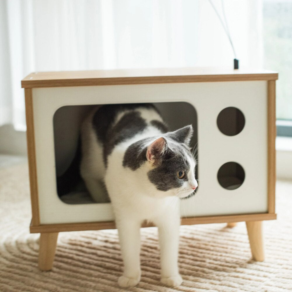 Purr-View Retro TV Cat Condo with Jute Scratching Pad & Washable Mat Cat Scratch Ramp,Cute Cat Scratching Post