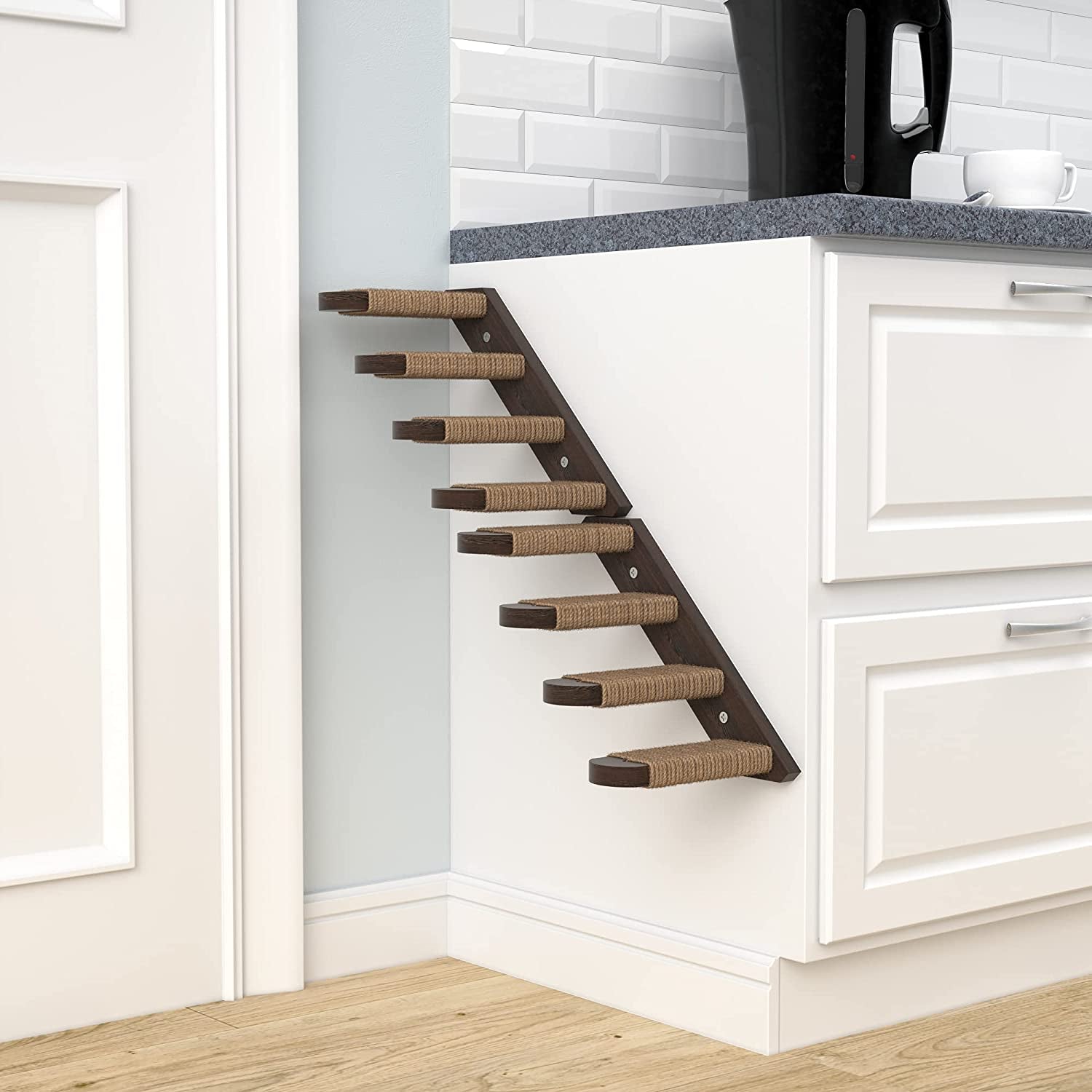 Cat Steps - Solid Rubber Wood Cat Stairs Great for Scratching and Climbing - Easy to Install Wall Mounted Cat Shelves for Playful Cats (Brown, Right to Left)