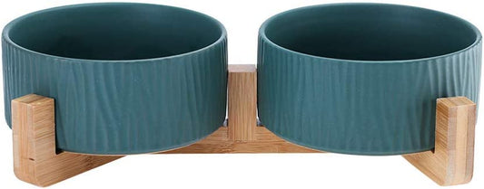 Green Pet Bowls for Dogs and Cats, Ceramic, Bamboo Stand, Dishwasher Safe and Easy to Clean (2 Bowls)